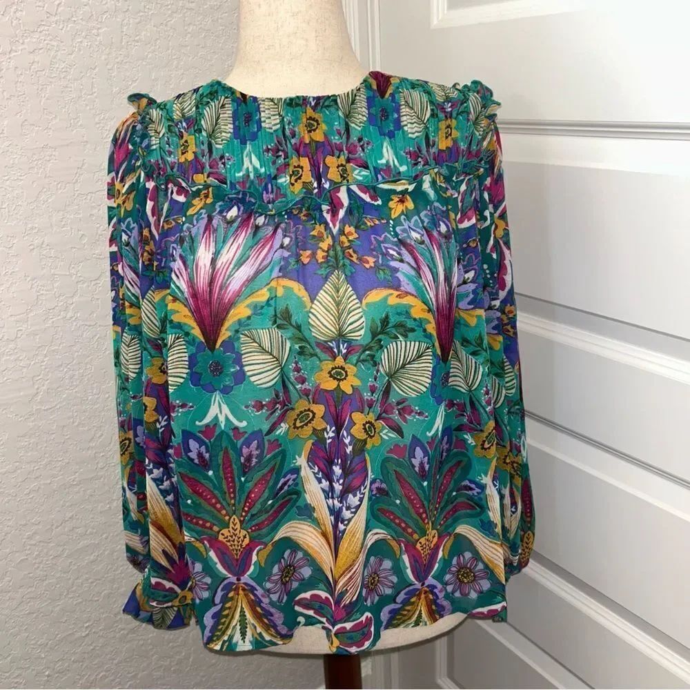 Nicole Miller Floral Print Bohemian Pleated Bib Shirt Blouse Top
